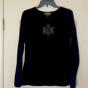 LRL Lauren Active Black Long Sleeve Shirt Logo Crest Embroidery Size L